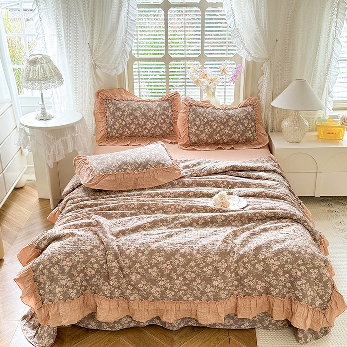 91家纺网 家纺一手货源 找家纺 韩约家纺 2026春夏新款泡芙棉床单款夏被夏凉被空调被四件套 繁花