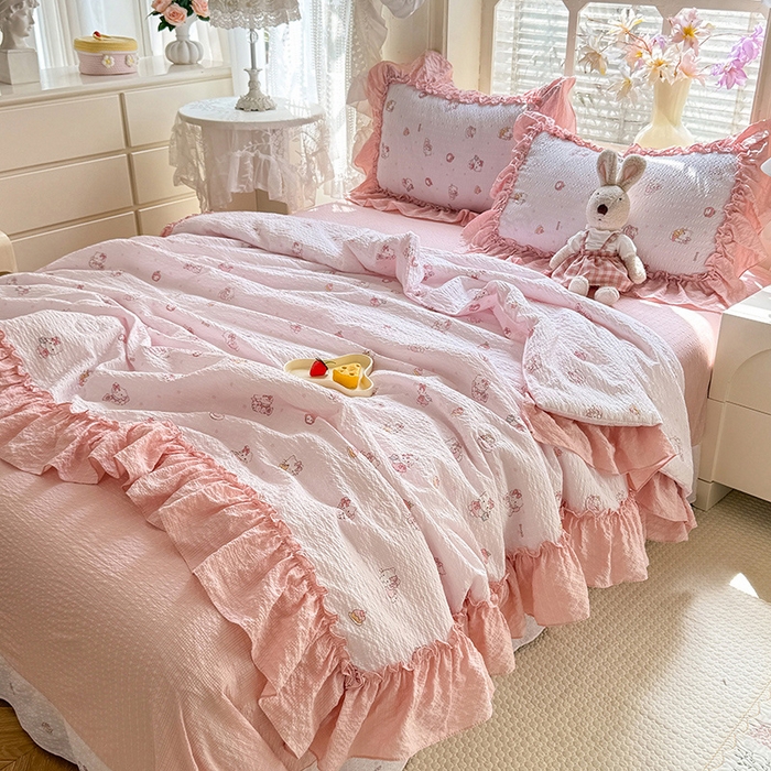 91家纺网 家纺一手货源 找家纺 韩约家纺 2026春夏新款泡芙棉床单款夏被夏凉被空调被四件套 宝贝甜心