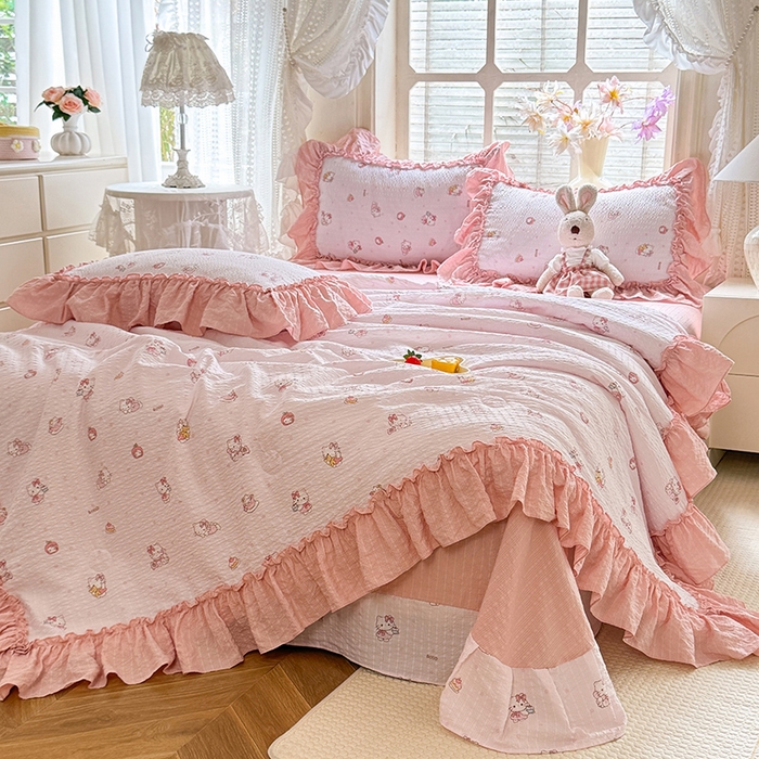 91家纺网 家纺一手货源 找家纺 韩约家纺 2026春夏新款泡芙棉床单款夏被夏凉被空调被四件套 宝贝甜心