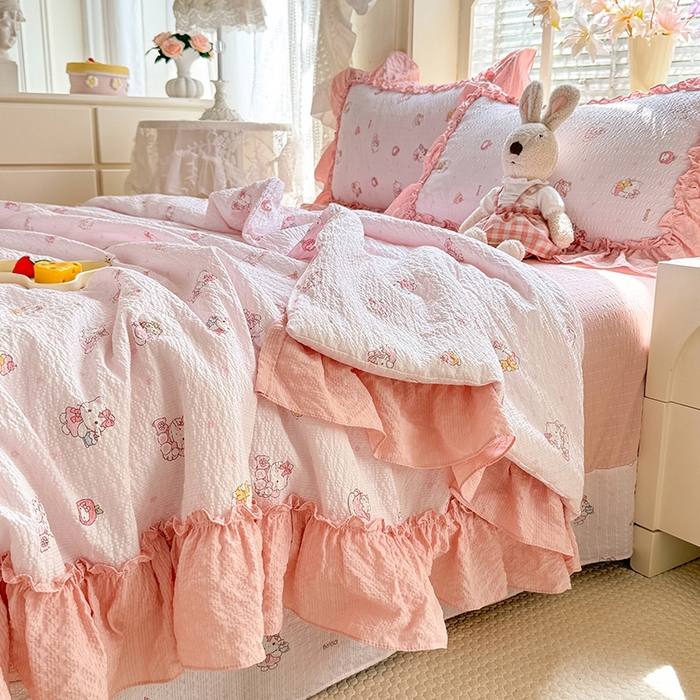 91家纺网 家纺一手货源 找家纺 韩约家纺 2026春夏新款泡芙棉床单款夏被夏凉被空调被四件套 宝贝甜心