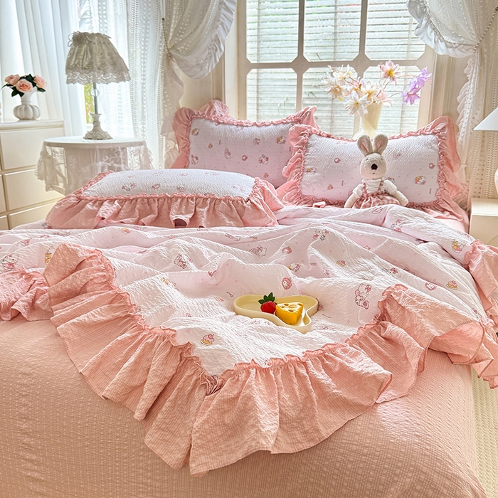 91家纺网 家纺一手货源 找家纺 韩约家纺 2026春夏新款泡芙棉床单款夏被夏凉被空调被四件套 宝贝甜心