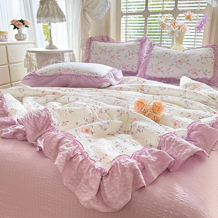 91家纺网 家纺一手货源 找家纺 韩约家纺 2026春夏新款泡芙棉床单款夏被夏凉被空调被四件套 春旭