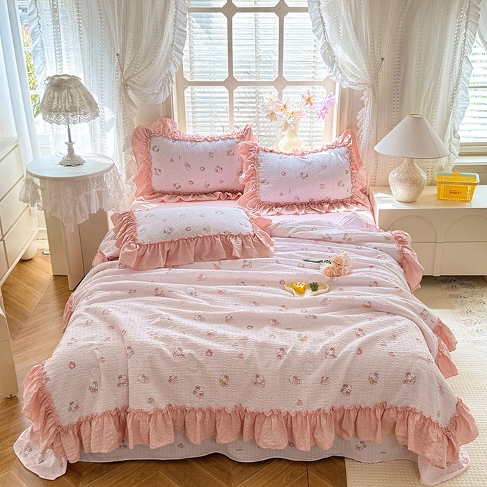 91家纺网 家纺一手货源 找家纺 韩约家纺 2026春夏新款泡芙棉床单款夏被夏凉被空调被四件套 宝贝甜心