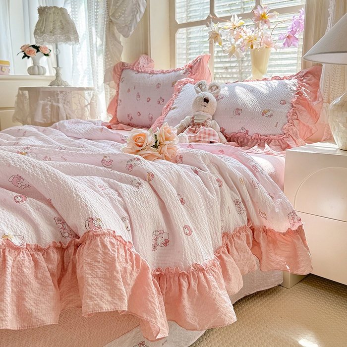 91家纺网 家纺一手货源 找家纺 韩约家纺 2026春夏新款泡芙棉床单款夏被夏凉被空调被四件套 宝贝甜心