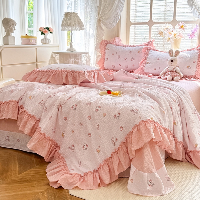 91家纺网 家纺一手货源 找家纺 韩约家纺 2026春夏新款泡芙棉床单款夏被夏凉被空调被四件套 宝贝甜心