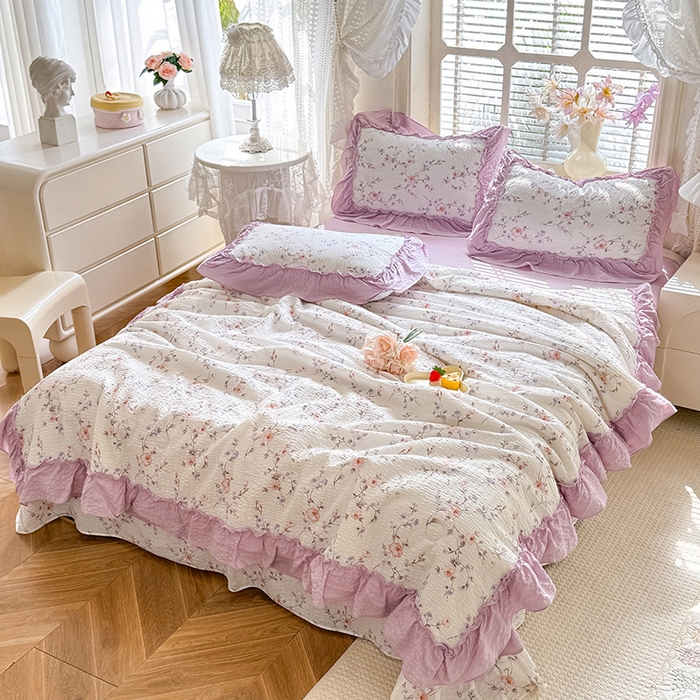 91家纺网 家纺一手货源 找家纺 韩约家纺 2026春夏新款泡芙棉床单款夏被夏凉被空调被四件套 春旭