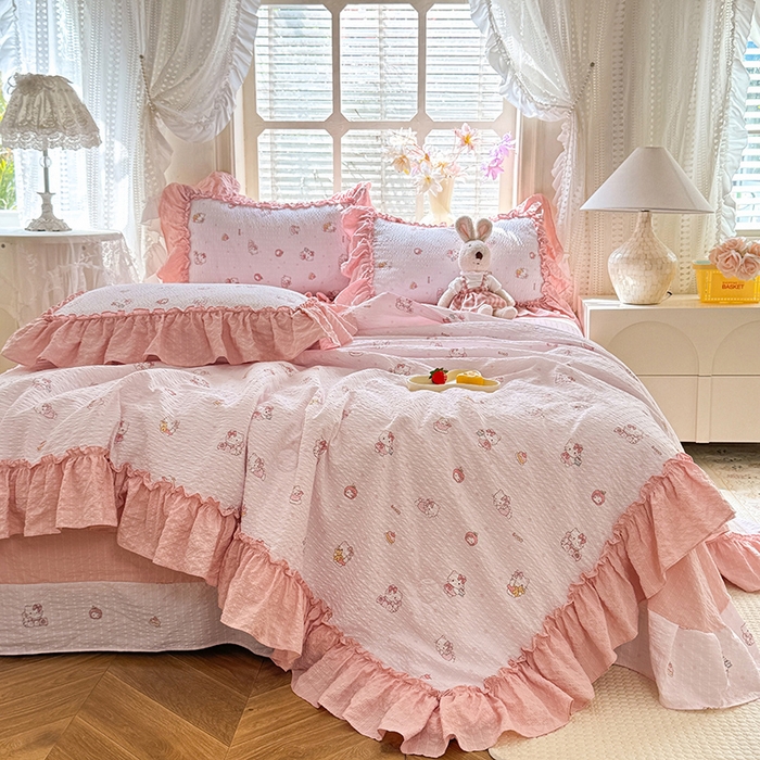 91家纺网 家纺一手货源 找家纺 韩约家纺 2026春夏新款泡芙棉床单款夏被夏凉被空调被四件套 宝贝甜心