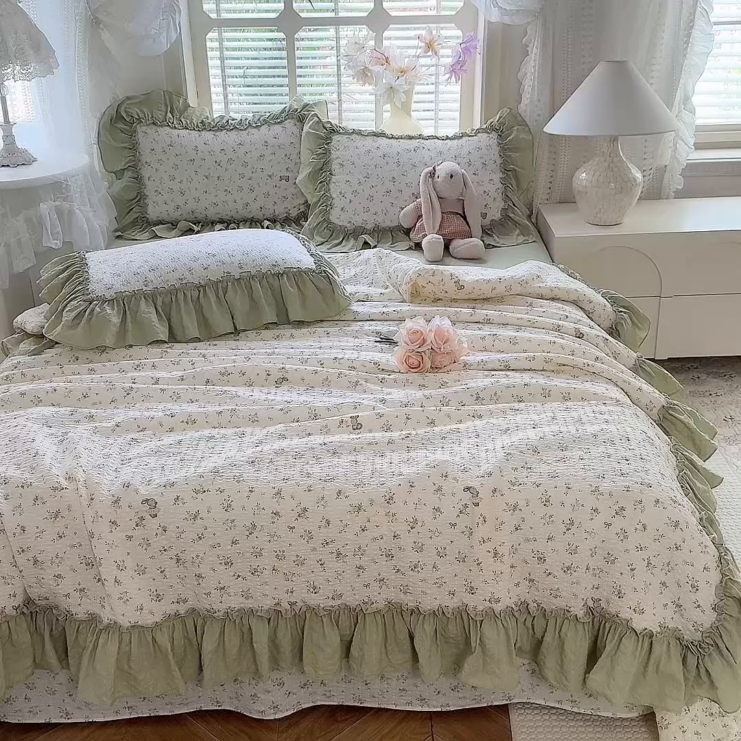 91家纺网 家纺一手货源 找家纺 韩约家纺 2026春夏新款泡芙棉床单款夏被夏凉被空调被四件套 绿意