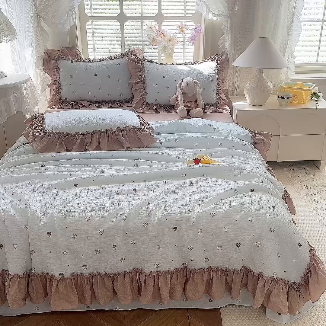 91家纺网 家纺一手货源 找家纺 韩约家纺 2026春夏新款泡芙棉床单款夏被夏凉被空调被四件套 星语