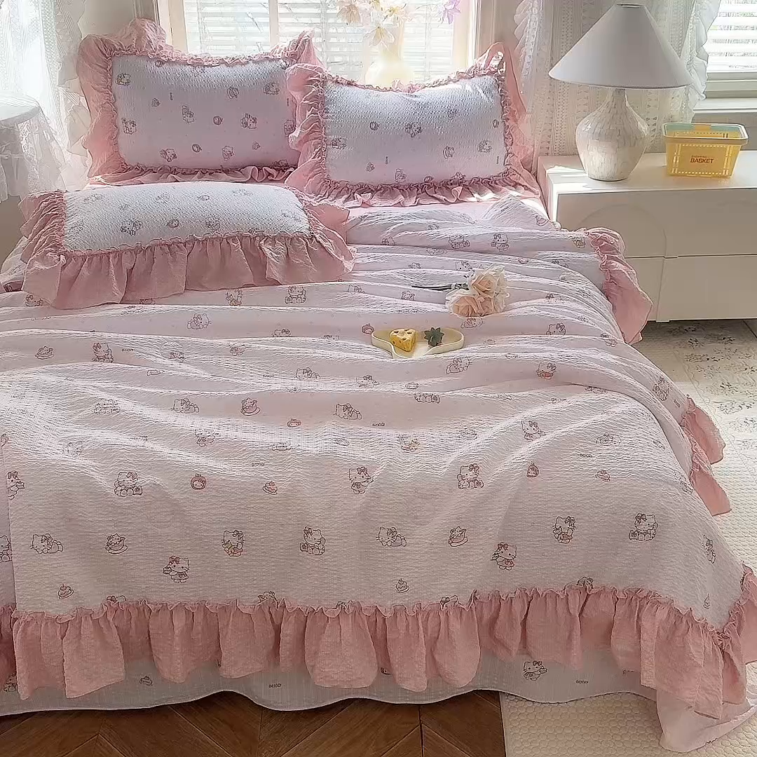 91家纺网 家纺一手货源 找家纺 韩约家纺 2026春夏新款泡芙棉床单款夏被夏凉被空调被四件套 宝贝甜心