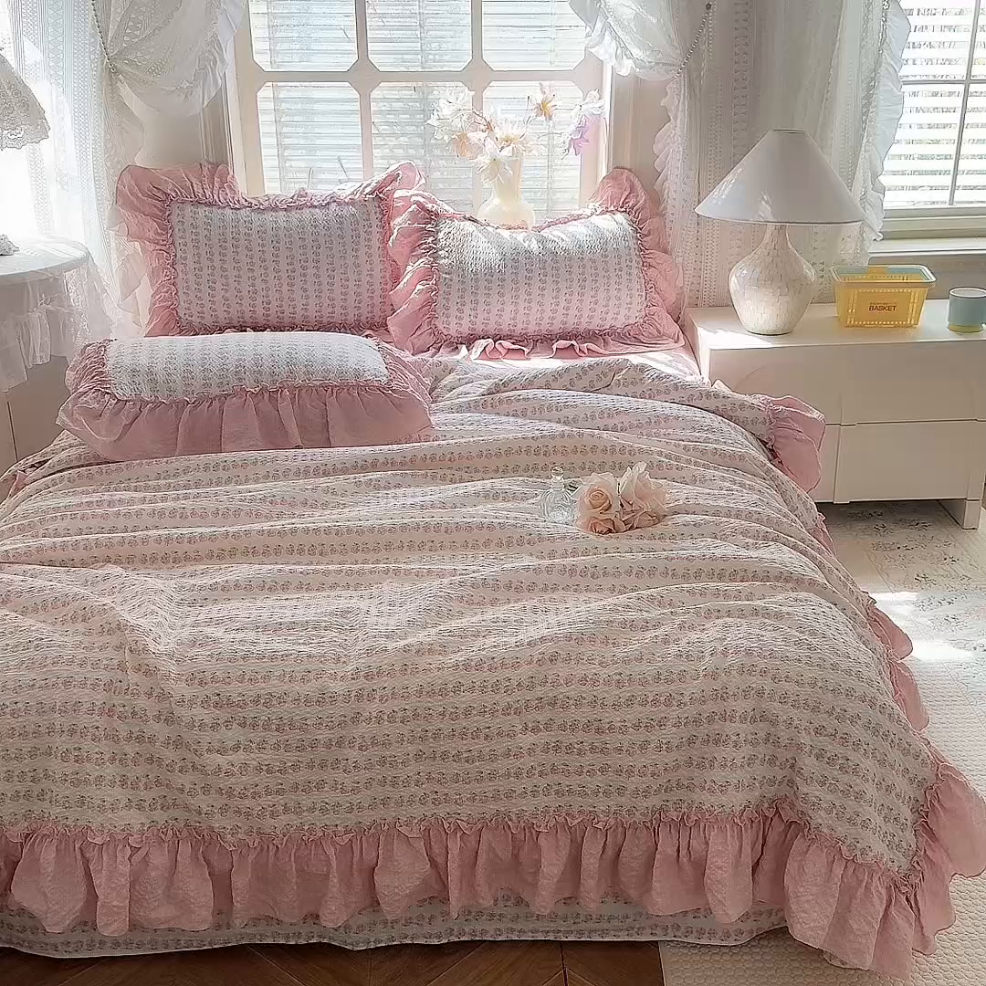 91家纺网 家纺一手货源 找家纺 韩约家纺 2026春夏新款泡芙棉床单款夏被夏凉被空调被四件套 花沐