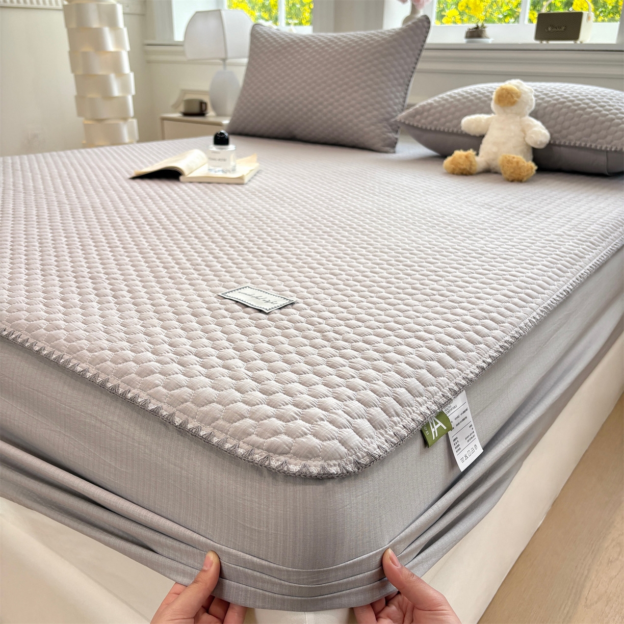 91家纺网 家纺一手货源 找家纺 居眠 2026新款贝壳边纯色夹棉床笠 贝壳边-灰色