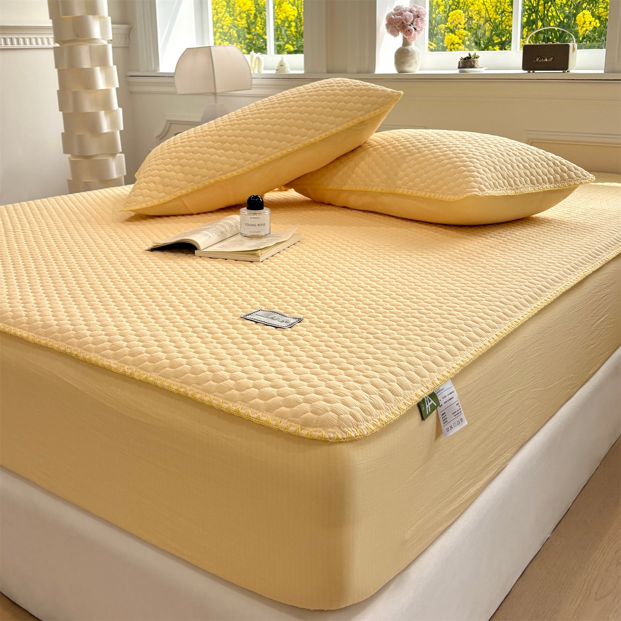 91家纺网 家纺一手货源 找家纺 居眠 2026新款贝壳边纯色夹棉床笠 贝壳边-黄色