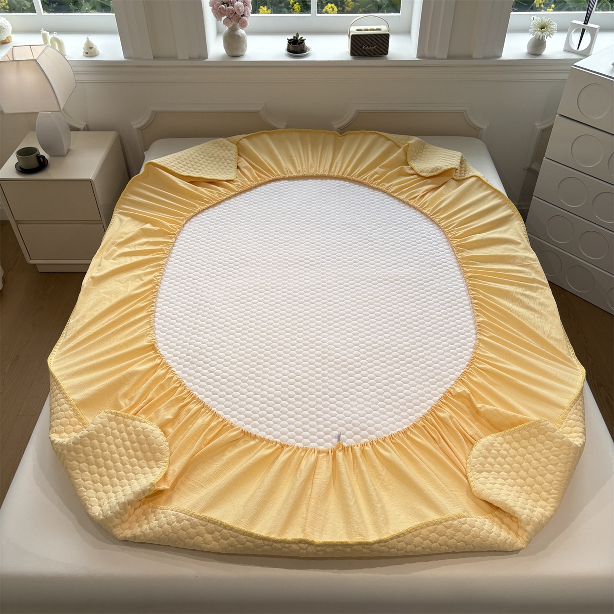 91家纺网 家纺一手货源 找家纺 居眠 2026新款贝壳边纯色夹棉床笠 贝壳边-黄色