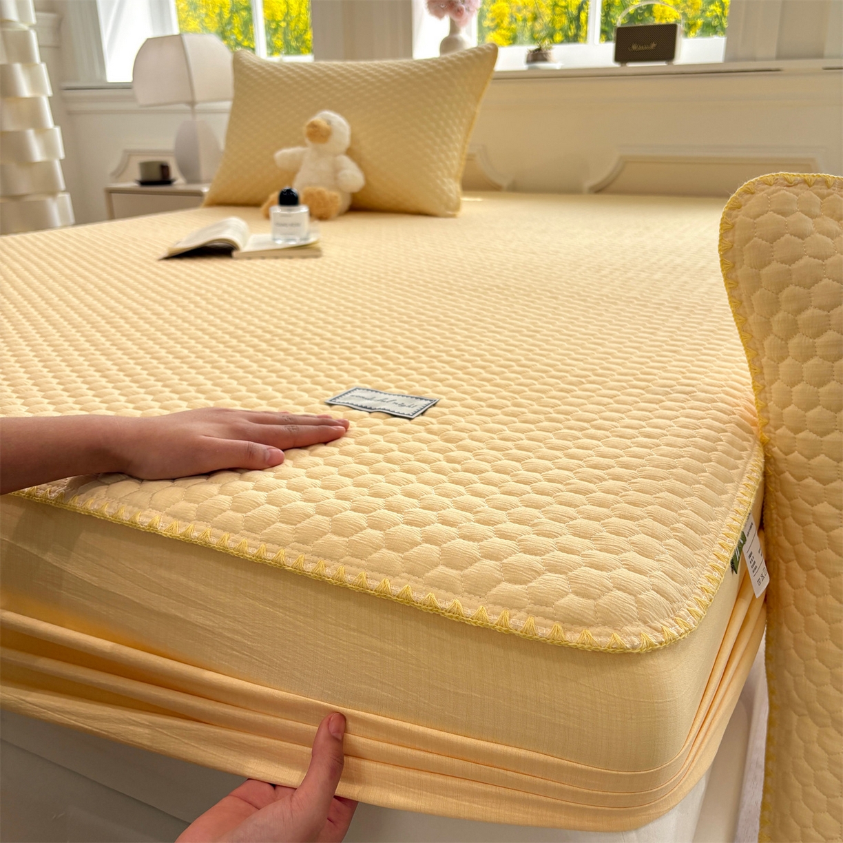 91家纺网 家纺一手货源 找家纺 居眠 2026新款贝壳边纯色夹棉床笠 贝壳边-黄色