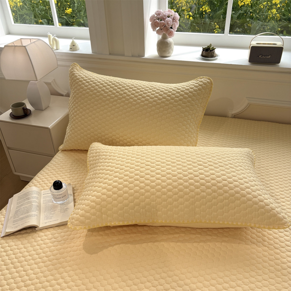 91家纺网 家纺一手货源 找家纺 居眠 2026新款贝壳边纯色夹棉床笠 贝壳边-黄色