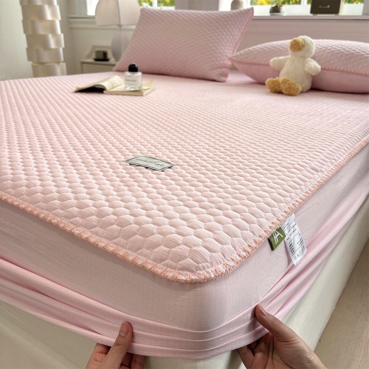 91家纺网 家纺一手货源 找家纺 居眠 2026新款贝壳边纯色夹棉床笠 贝壳边-嫩粉