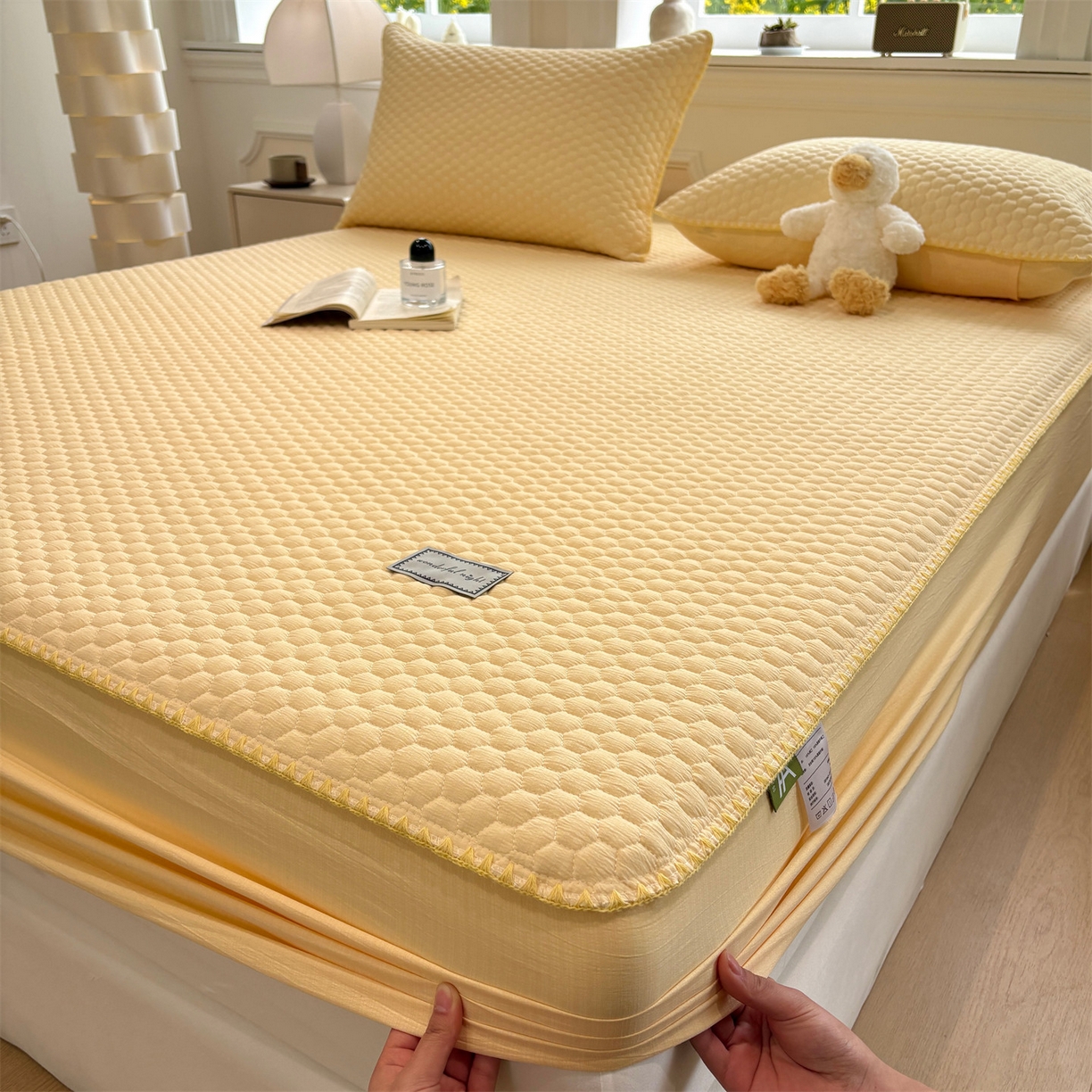 91家纺网 家纺一手货源 找家纺 居眠 2026新款贝壳边纯色夹棉床笠 贝壳边-黄色