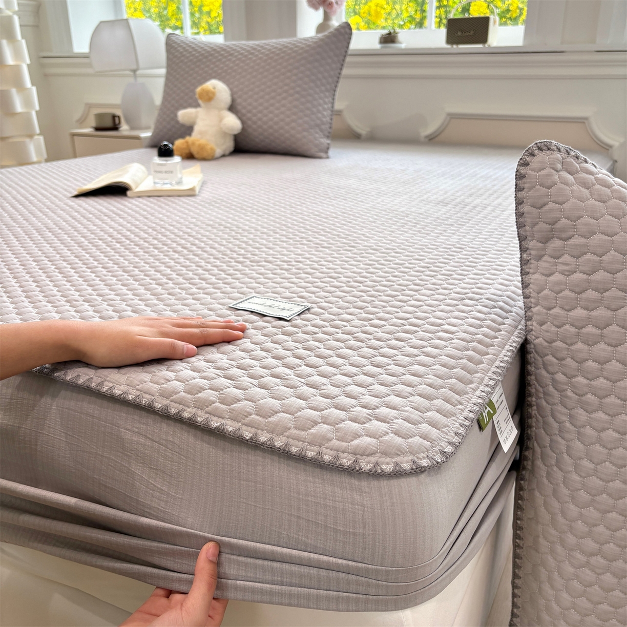 91家纺网 家纺一手货源 找家纺 居眠 2026新款贝壳边纯色夹棉床笠 贝壳边-灰色