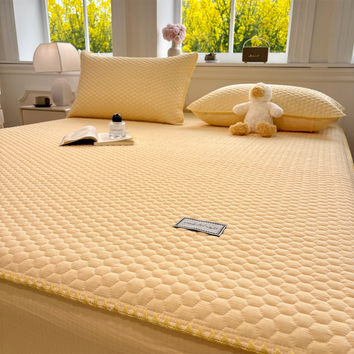 91家纺网 家纺一手货源 找家纺 居眠 2026新款贝壳边纯色夹棉床笠 贝壳边-黄色