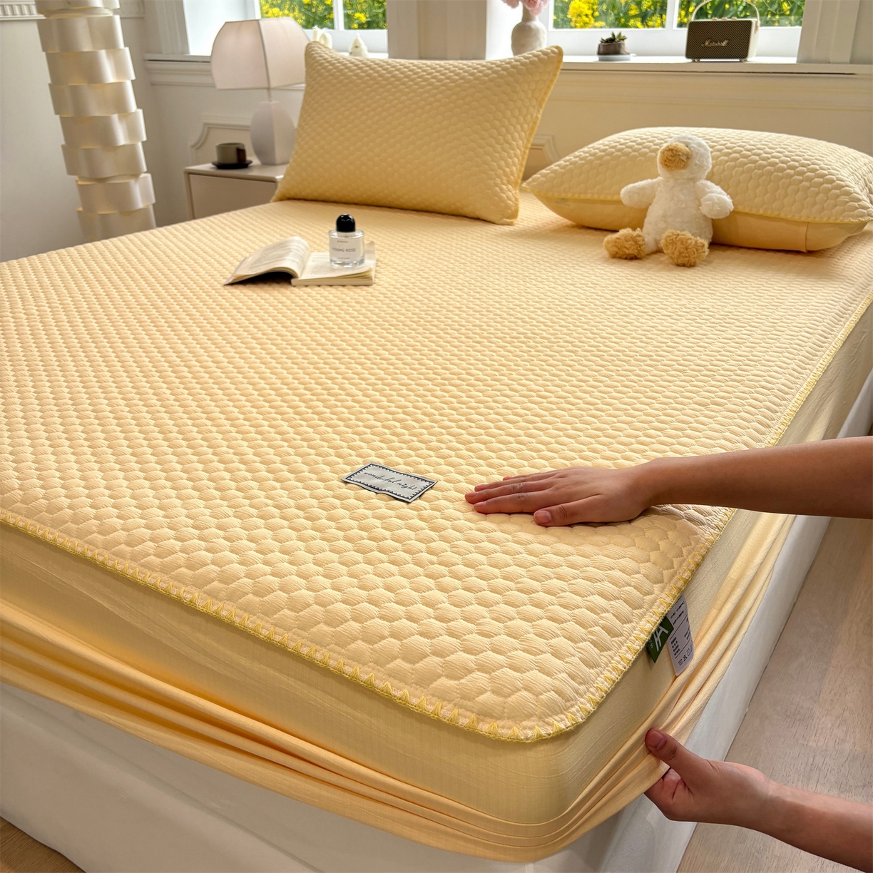 91家纺网 家纺一手货源 找家纺 居眠 2026新款贝壳边纯色夹棉床笠 贝壳边-黄色