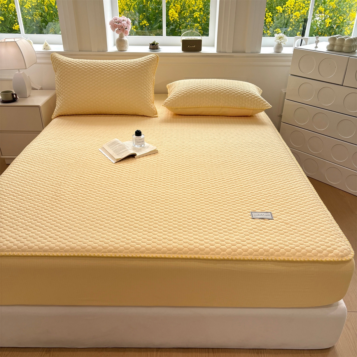 91家纺网 家纺一手货源 找家纺 居眠 2026新款贝壳边纯色夹棉床笠 贝壳边-黄色