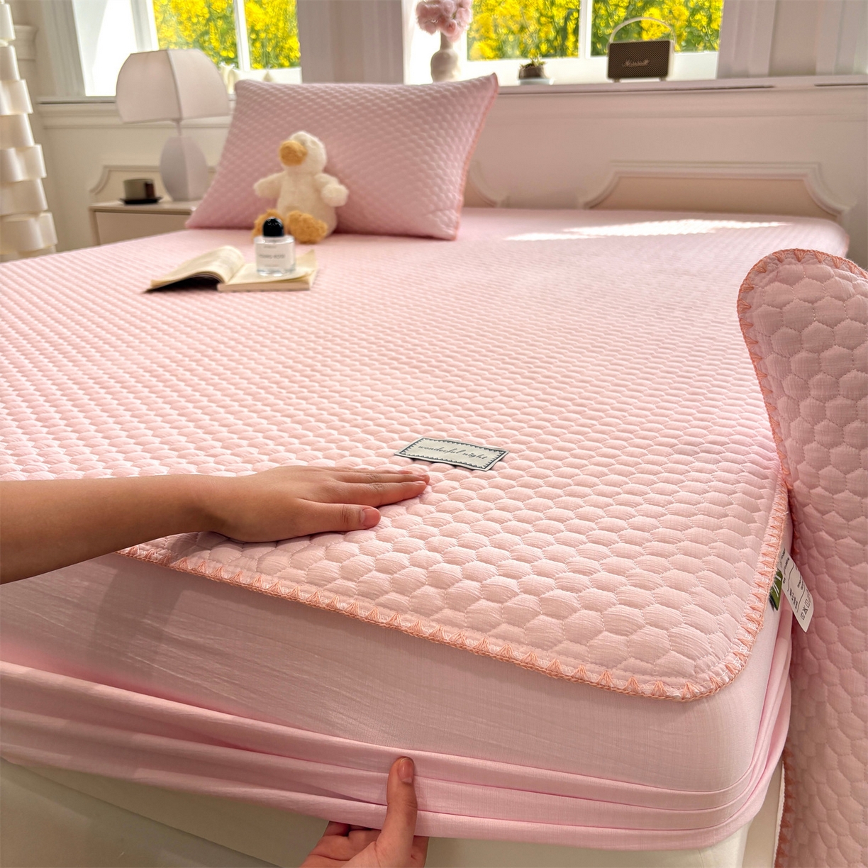 91家纺网 家纺一手货源 找家纺 居眠 2026新款贝壳边纯色夹棉床笠 贝壳边-嫩粉