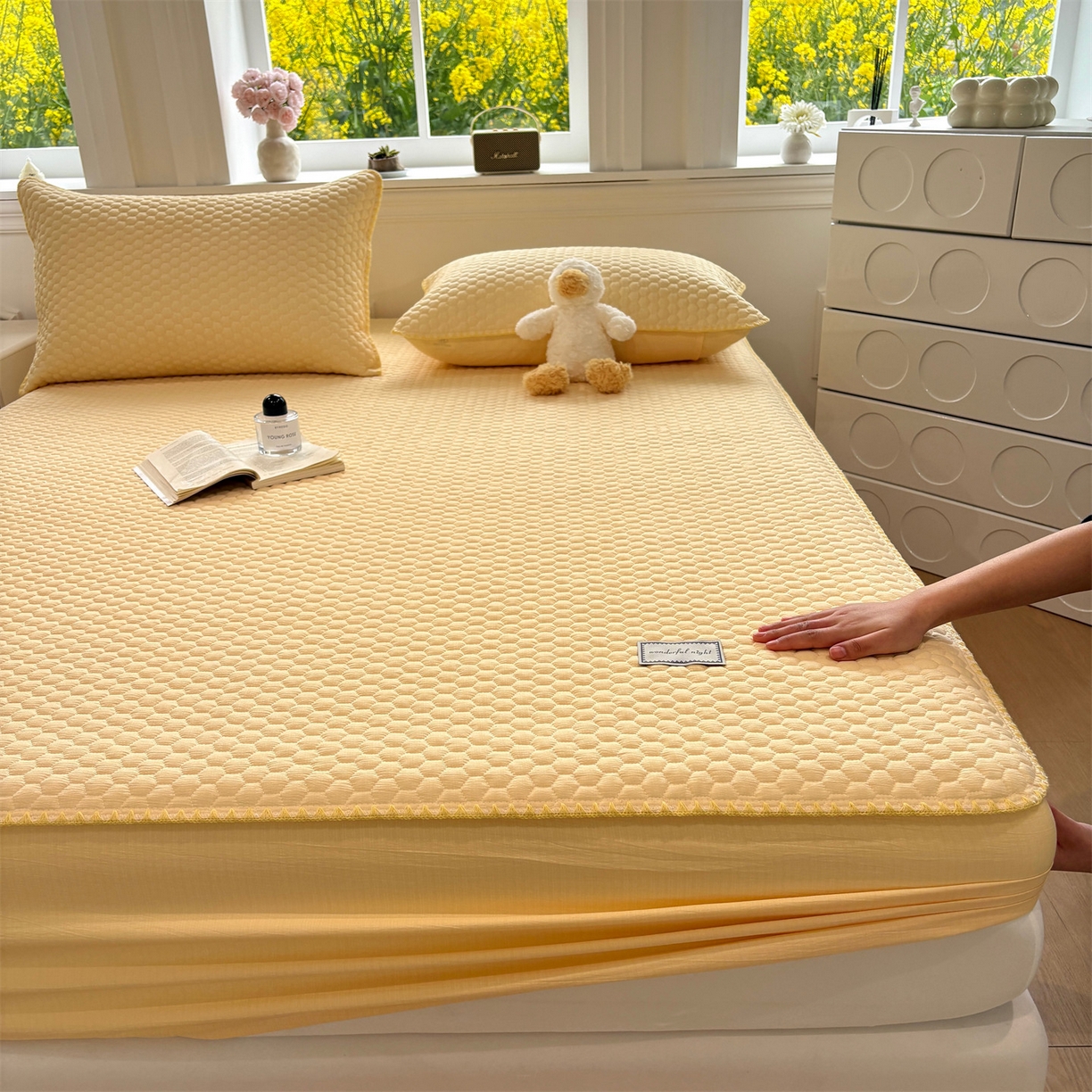 91家纺网 家纺一手货源 找家纺 居眠 2026新款贝壳边纯色夹棉床笠 贝壳边-黄色