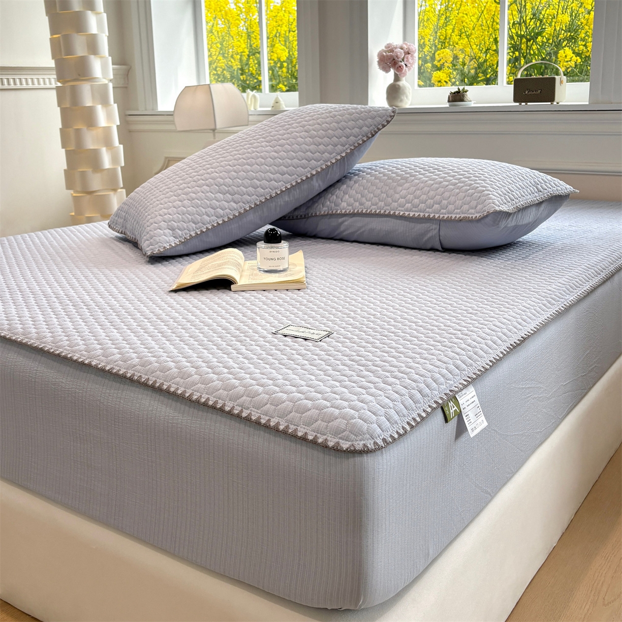 91家纺网 家纺一手货源 找家纺 居眠 2026新款贝壳边纯色夹棉床笠 贝壳边-月光蓝