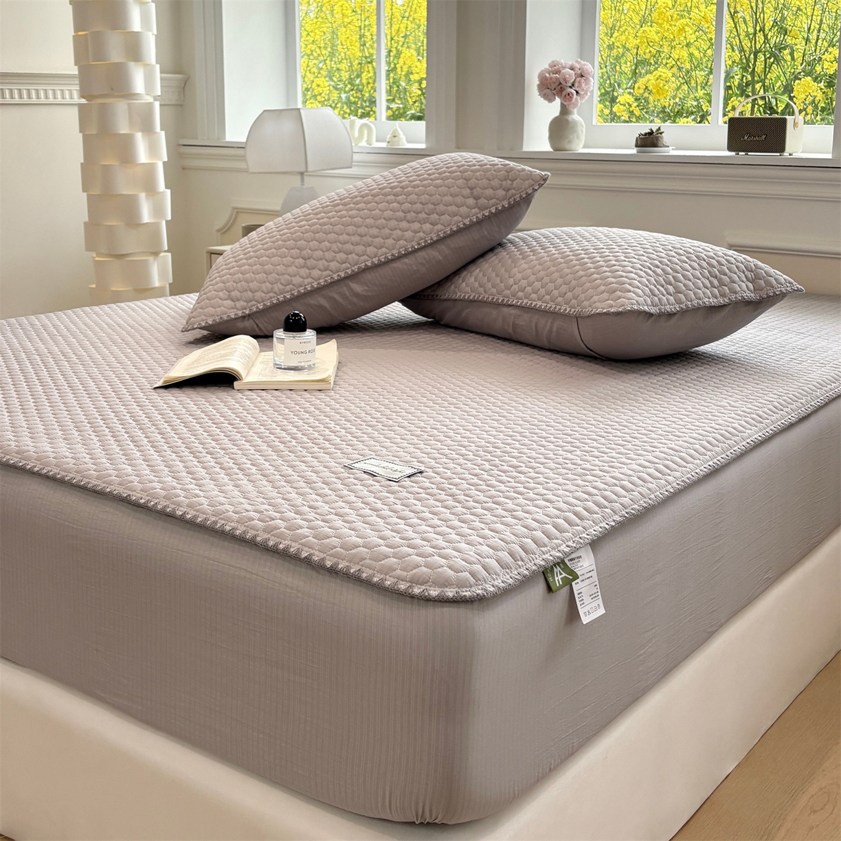 91家纺网 家纺一手货源 找家纺 居眠 2026新款贝壳边纯色夹棉床笠 贝壳边-灰色