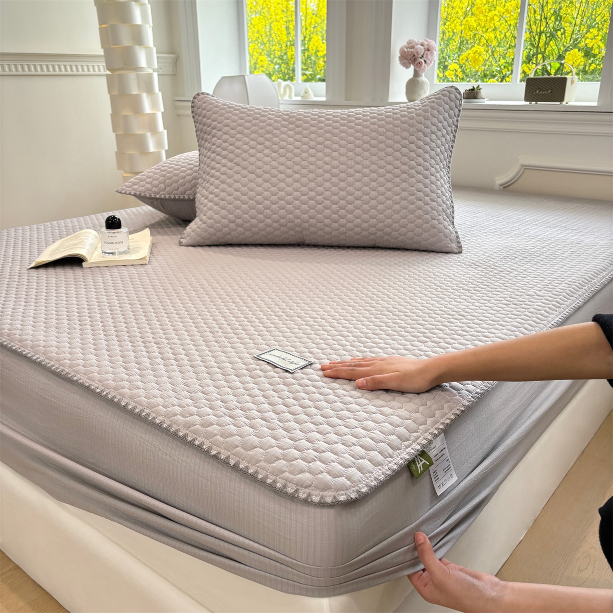 91家纺网 家纺一手货源 找家纺 居眠 2026新款贝壳边纯色夹棉床笠 贝壳边-灰色