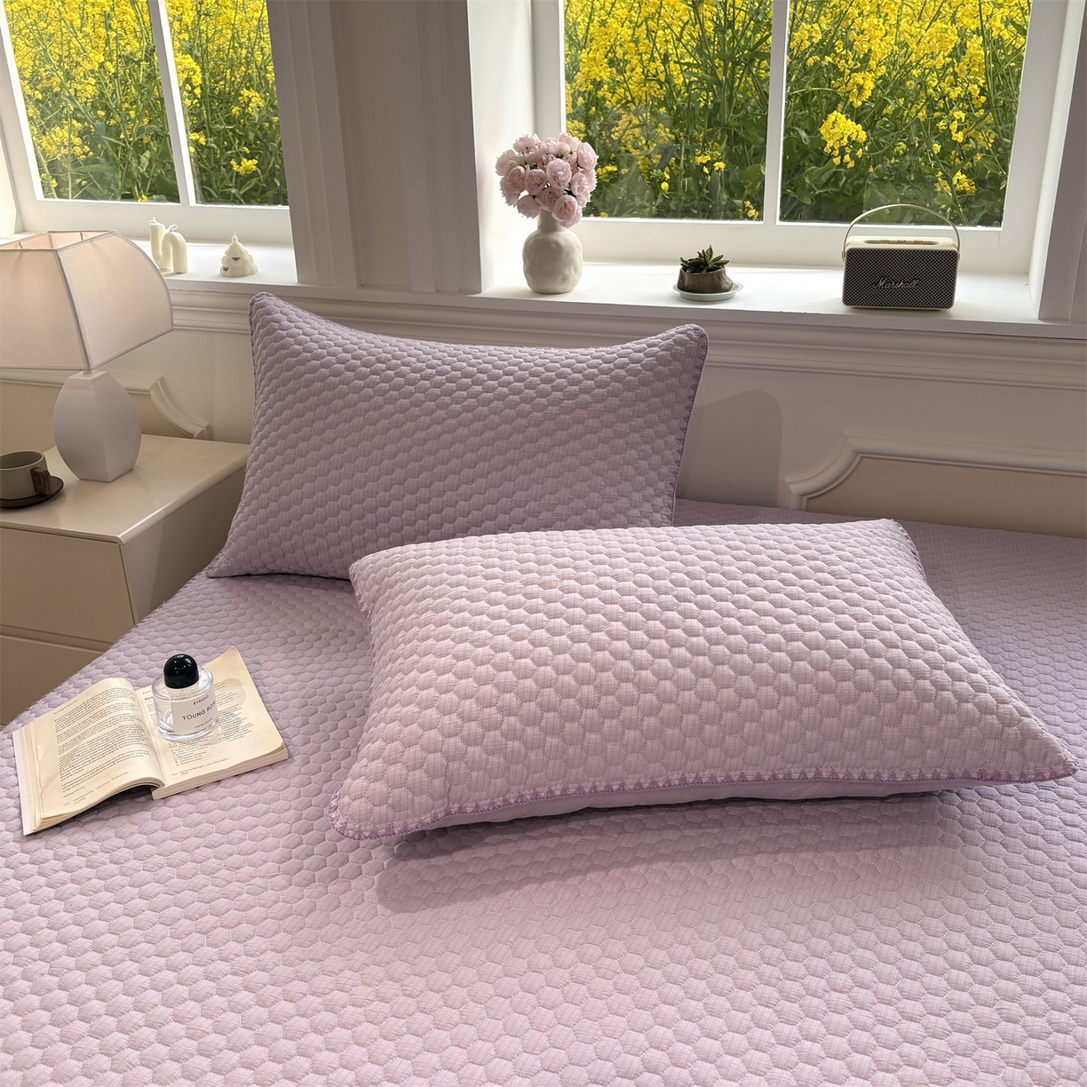 91家纺网 家纺一手货源 找家纺 居眠 2026新款贝壳边纯色夹棉床笠 贝壳边-淡紫