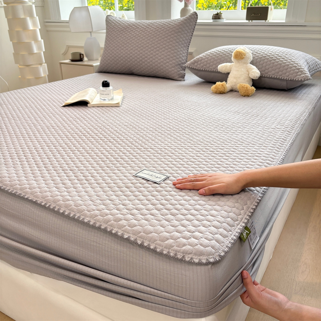 91家纺网 家纺一手货源 找家纺 居眠 2026新款贝壳边纯色夹棉床笠 贝壳边-灰色