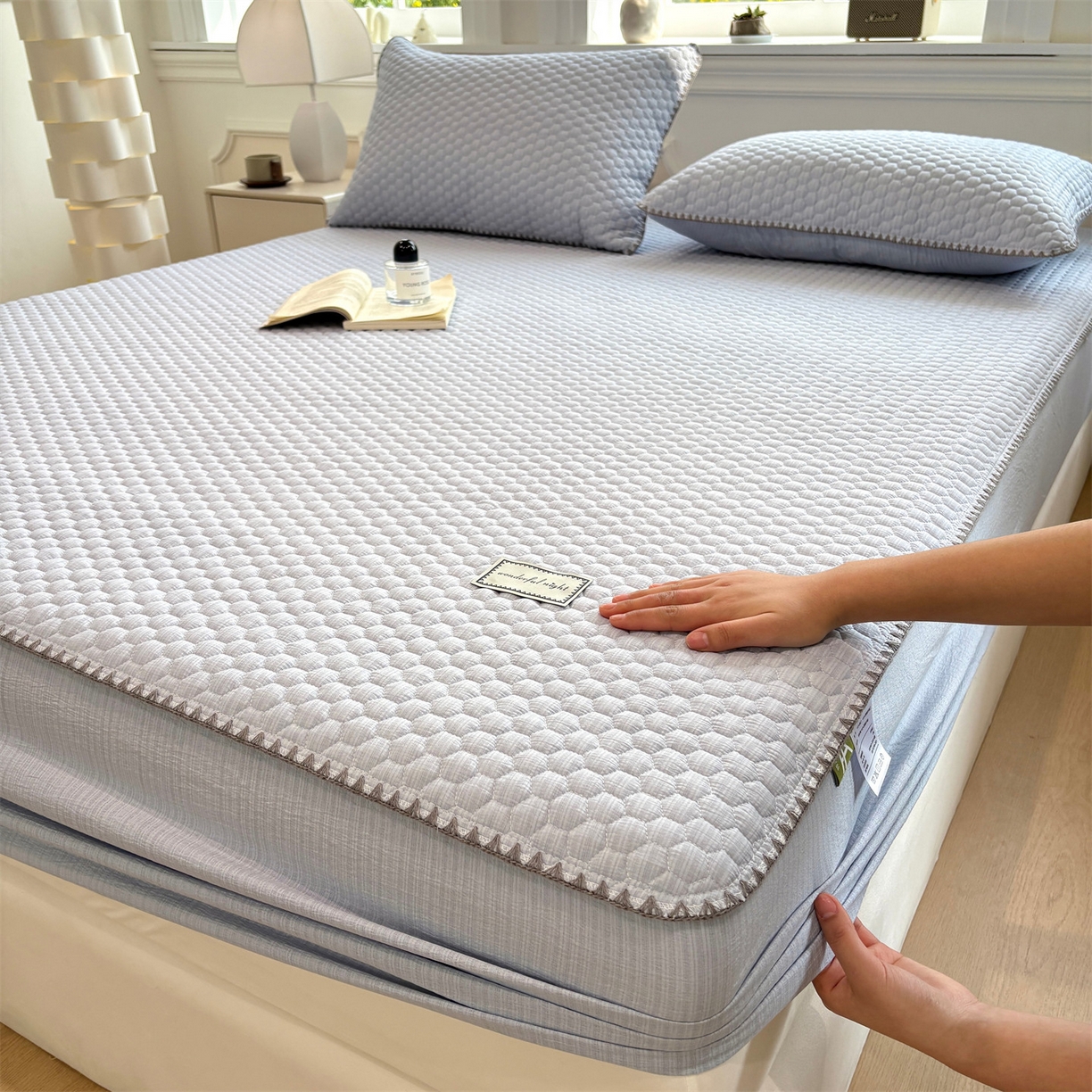 91家纺网 家纺一手货源 找家纺 居眠 2026新款贝壳边纯色夹棉床笠 贝壳边-月光蓝