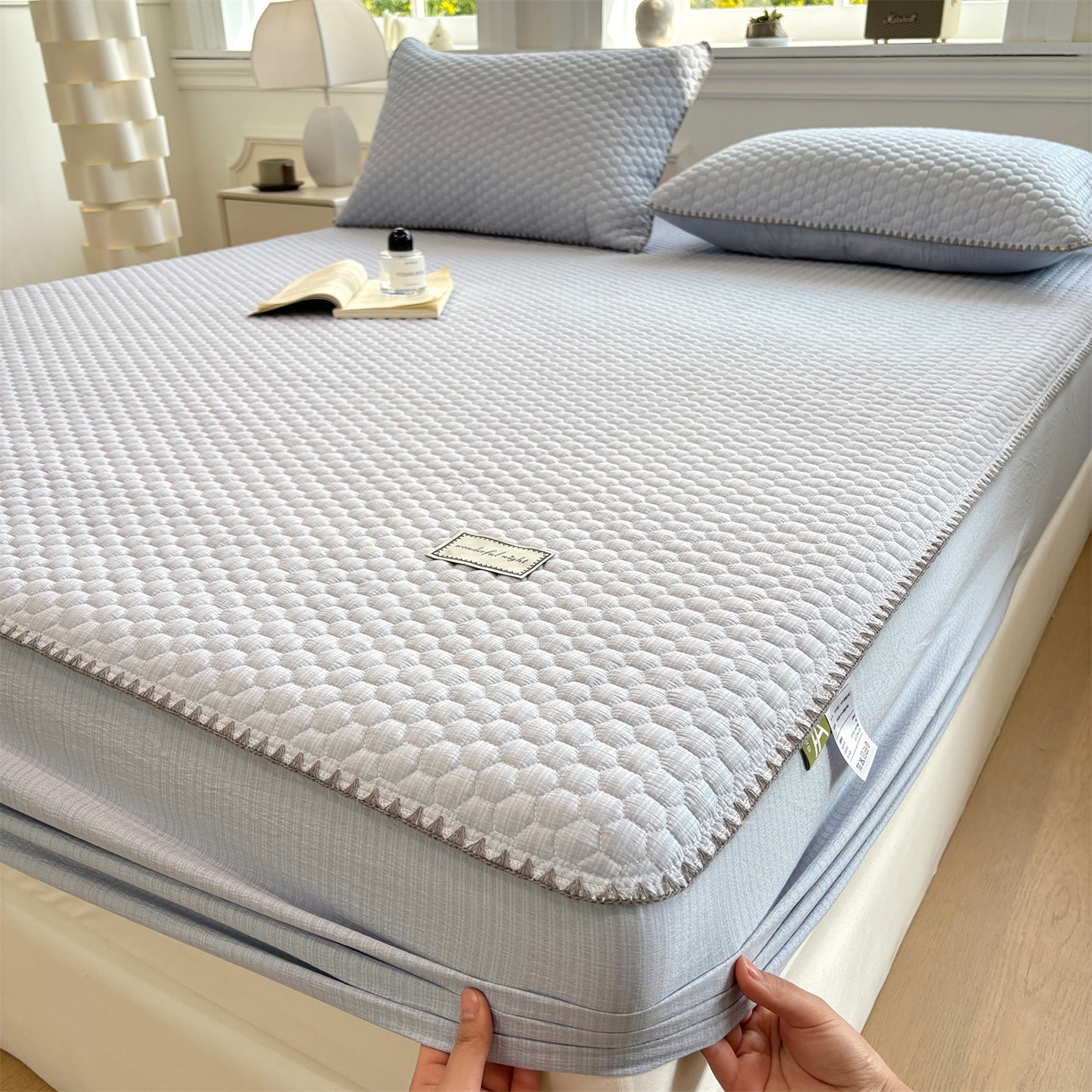 91家纺网 家纺一手货源 找家纺 居眠 2026新款贝壳边纯色夹棉床笠 贝壳边-月光蓝