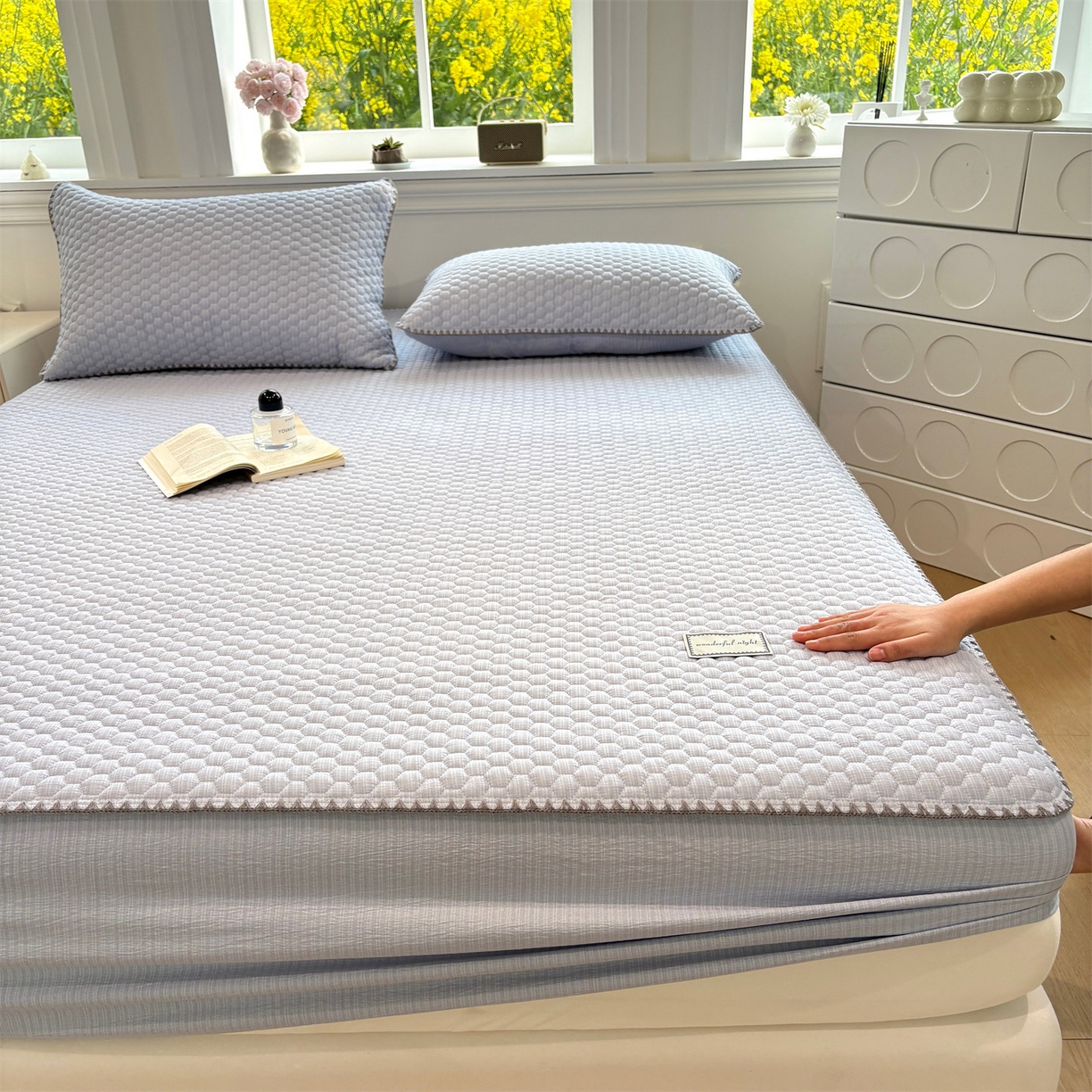 91家纺网 家纺一手货源 找家纺 居眠 2026新款贝壳边纯色夹棉床笠 贝壳边-月光蓝