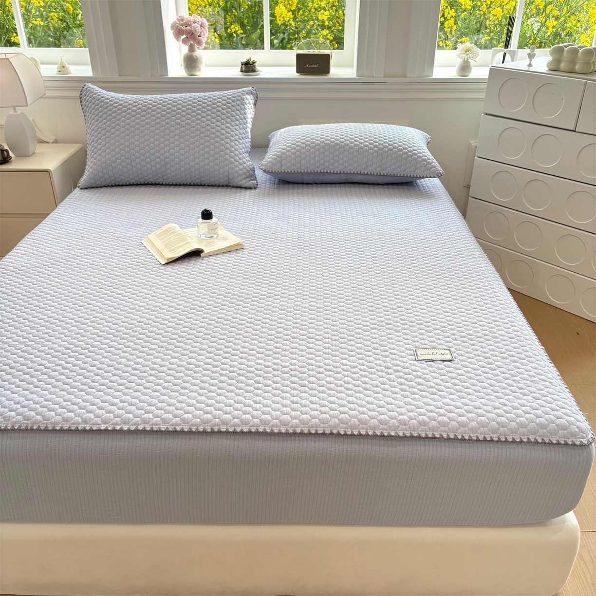 91家纺网 家纺一手货源 找家纺 居眠 2026新款贝壳边纯色夹棉床笠 贝壳边-月光蓝