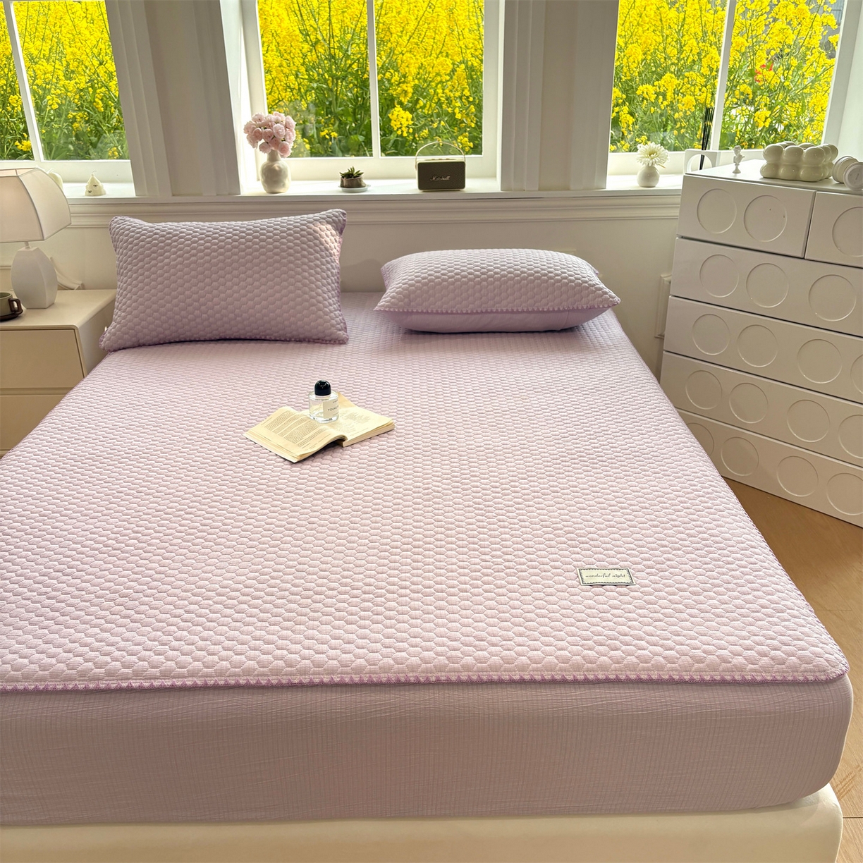 91家纺网 家纺一手货源 找家纺 居眠 2026新款贝壳边纯色夹棉床笠 贝壳边-淡紫