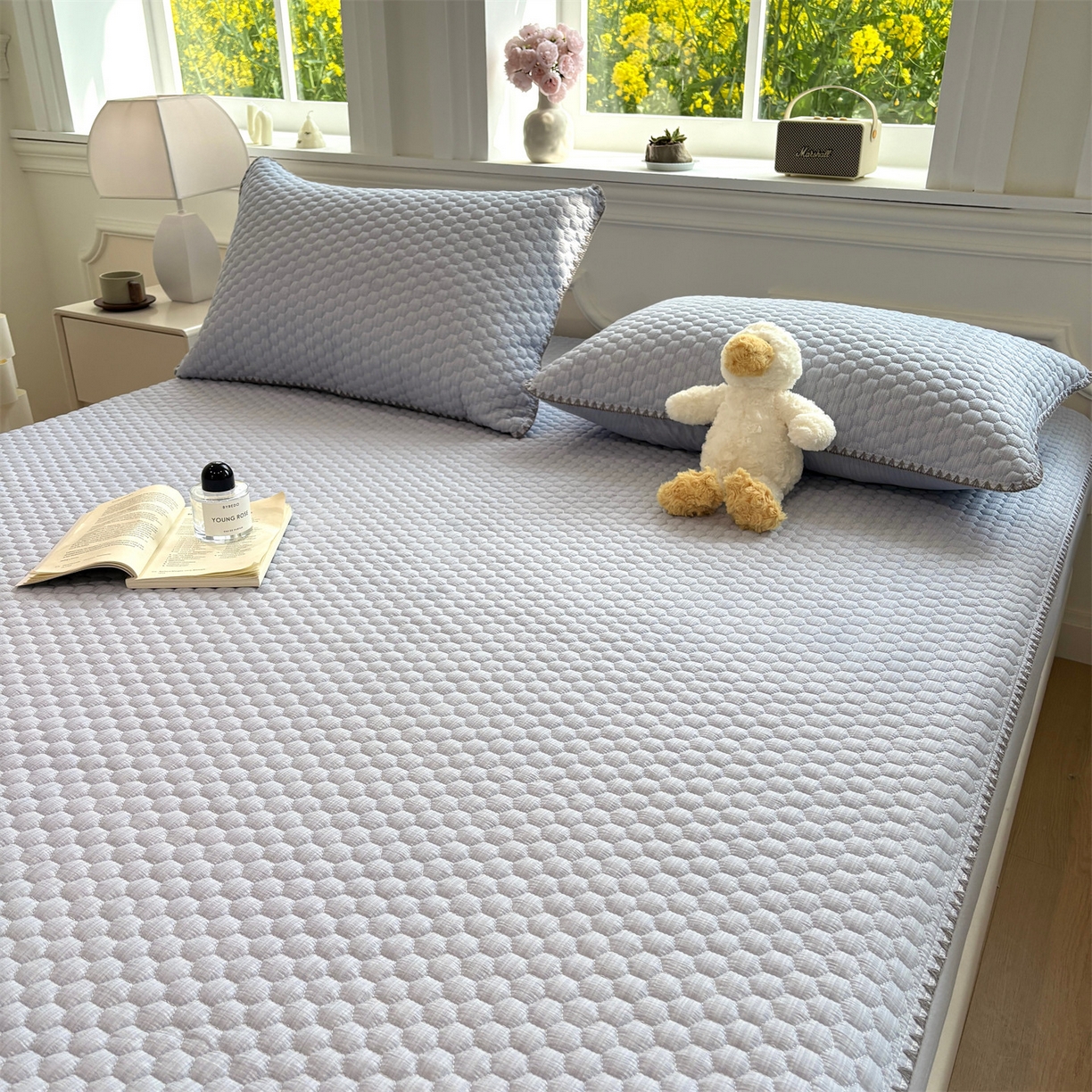 91家纺网 家纺一手货源 找家纺 居眠 2026新款贝壳边纯色夹棉床笠 贝壳边-月光蓝