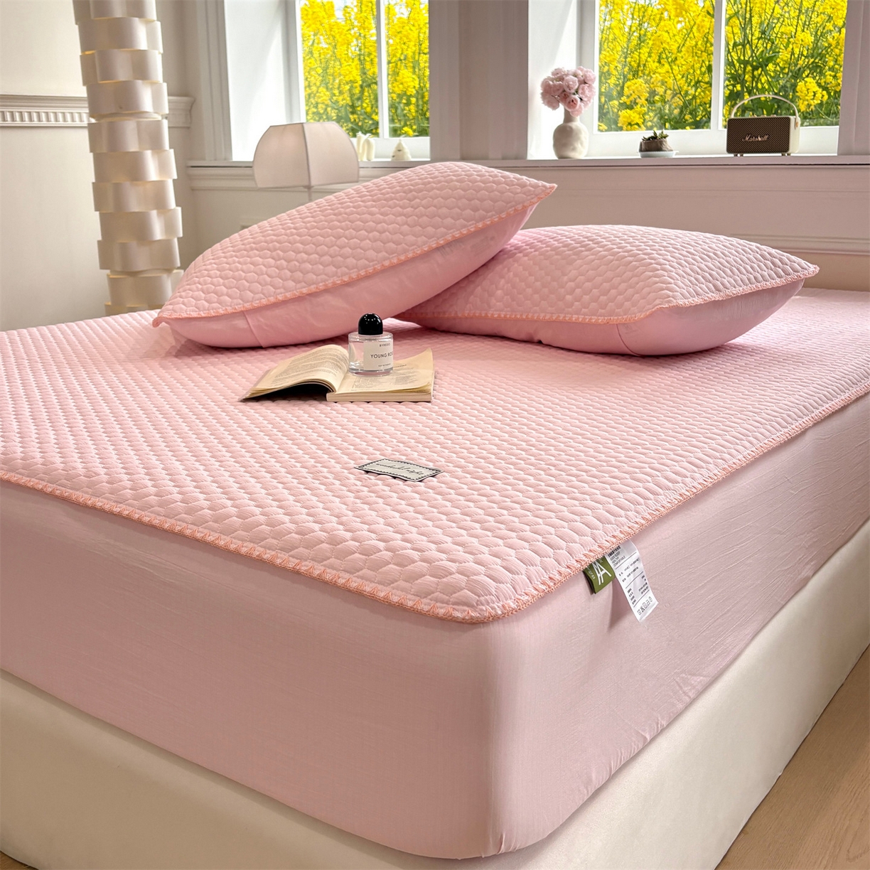 91家纺网 家纺一手货源 找家纺 居眠 2026新款贝壳边纯色夹棉床笠 贝壳边-嫩粉