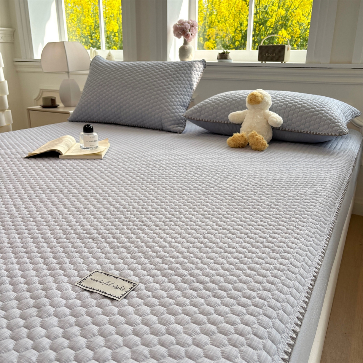 91家纺网 家纺一手货源 找家纺 居眠 2026新款贝壳边纯色夹棉床笠 贝壳边-月光蓝