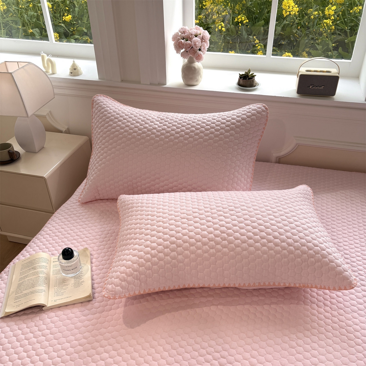 91家纺网 家纺一手货源 找家纺 居眠 2026新款贝壳边纯色夹棉床笠 贝壳边-嫩粉