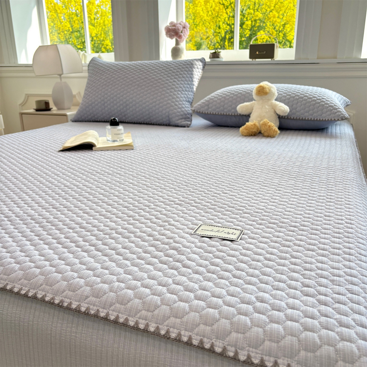 91家纺网 家纺一手货源 找家纺 居眠 2026新款贝壳边纯色夹棉床笠 贝壳边-月光蓝