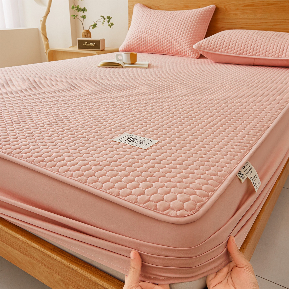 居眠 2026新款蜂巢-防水夹棉棉花床笠 蜂巢-粉