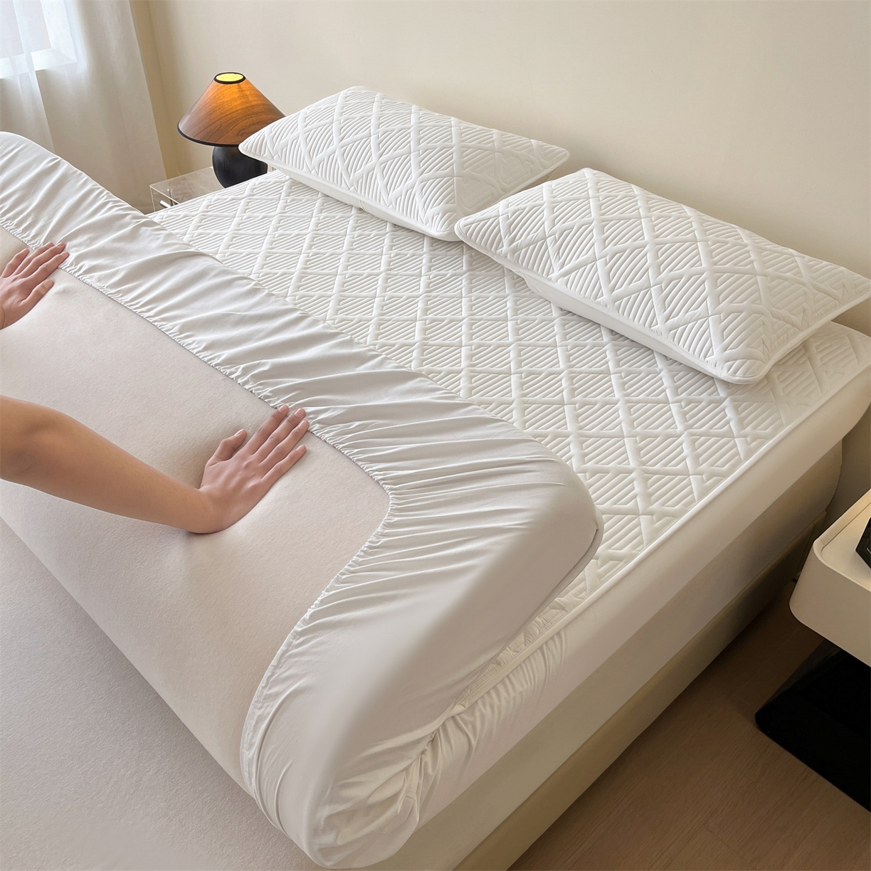 91家纺网 家纺一手货源 找家纺 居眠 2026新款时光-100%全棉夹棉棉花床笠 时光-白