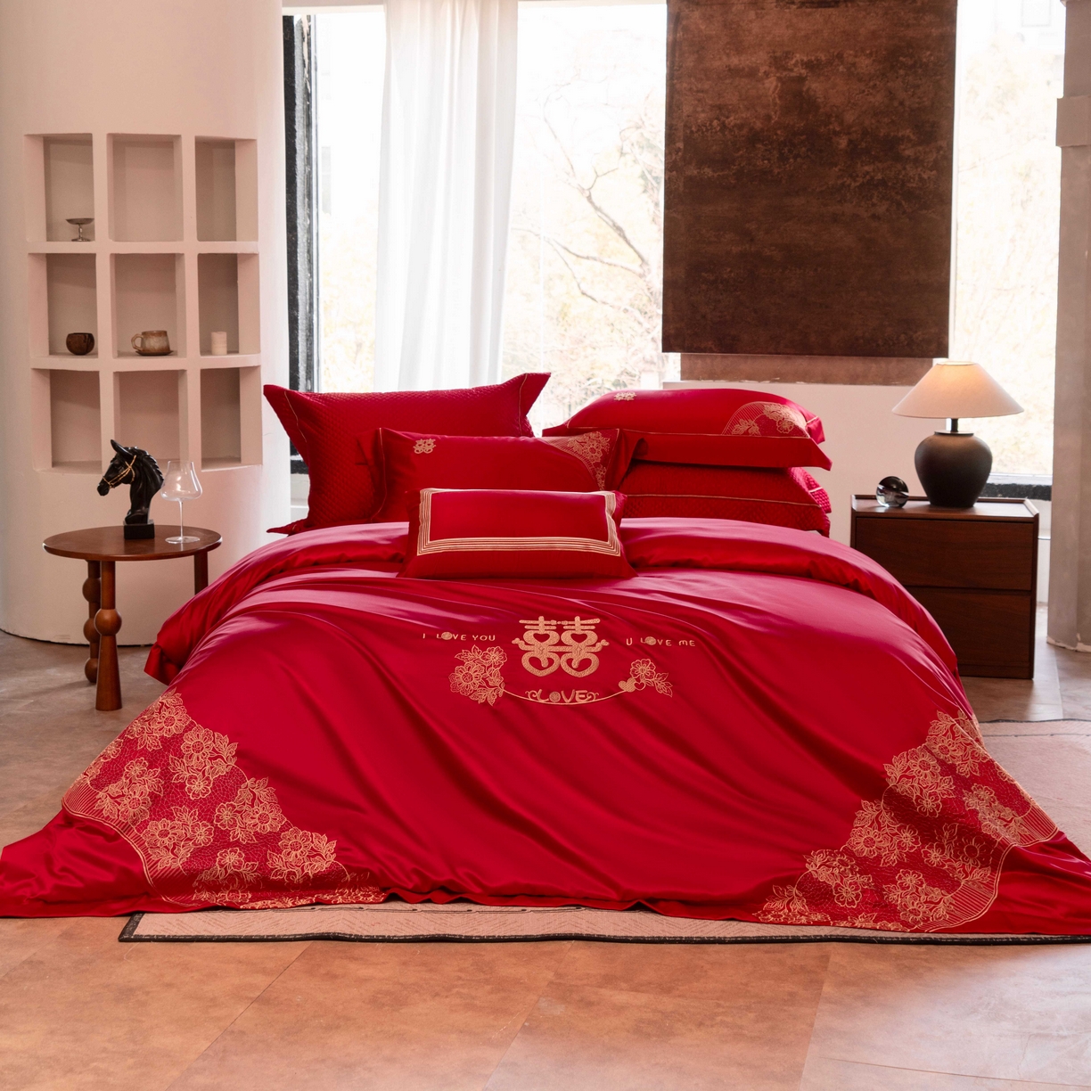 佳汐蓝家纺 2026新款高精密缎面蕾丝贴布绣法式浪漫邂逅中式喜庆四件套 唯美