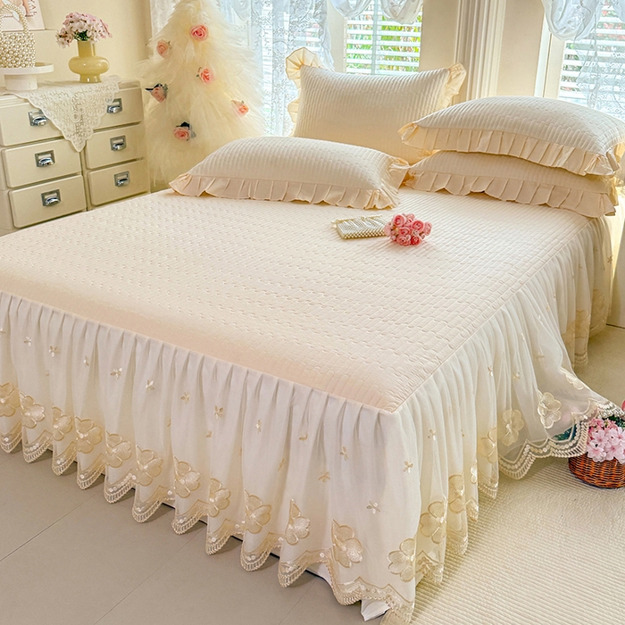 91家纺网 家纺一手货源 找家纺 （总）花香四季家纺 2026新款全棉夹棉绗缝床裙三件套纯棉纯色蕾丝公主风床裙单件-蕾丝小姐