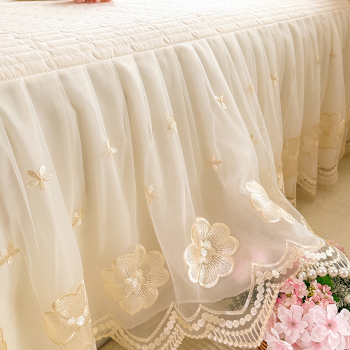 91家纺网 家纺一手货源 找家纺 （总）花香四季家纺 2026新款全棉夹棉绗缝床裙三件套纯棉纯色蕾丝公主风床裙单件-蕾丝小姐