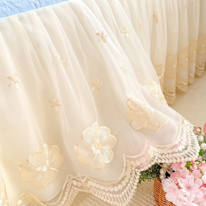 91家纺网 家纺一手货源 找家纺 花香四季家纺 2026新款全棉夹棉绗缝床裙三件套纯棉纯色蕾丝公主风床裙单件-蕾丝小姐 蕾丝小姐-海盐蓝