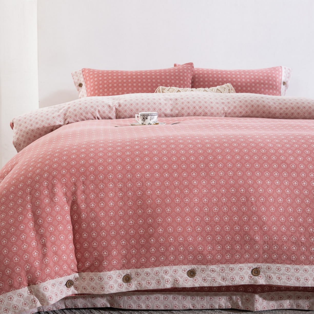 91家纺网 家纺一手货源 找家纺 （总）仰望棉麻双层纱供应链 2026新款织语全棉纯棉色织提花双层纱纽扣款四件套